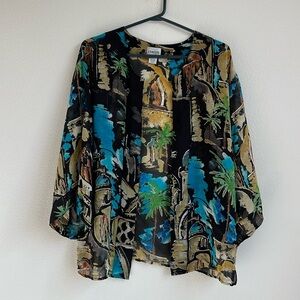 Vintage Chico's Impressionism City Scene 💯 Silk  Open Front Kimono Cardigan